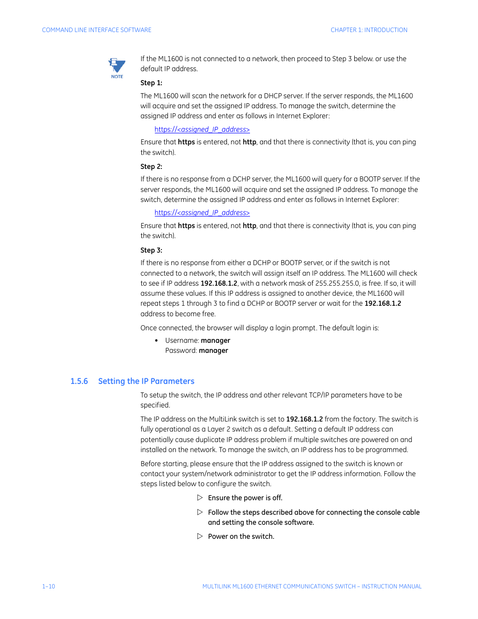6 setting the ip parameters, Etting, Ip p | Arameters | GE ML1600 User Manual | Page 18 / 324