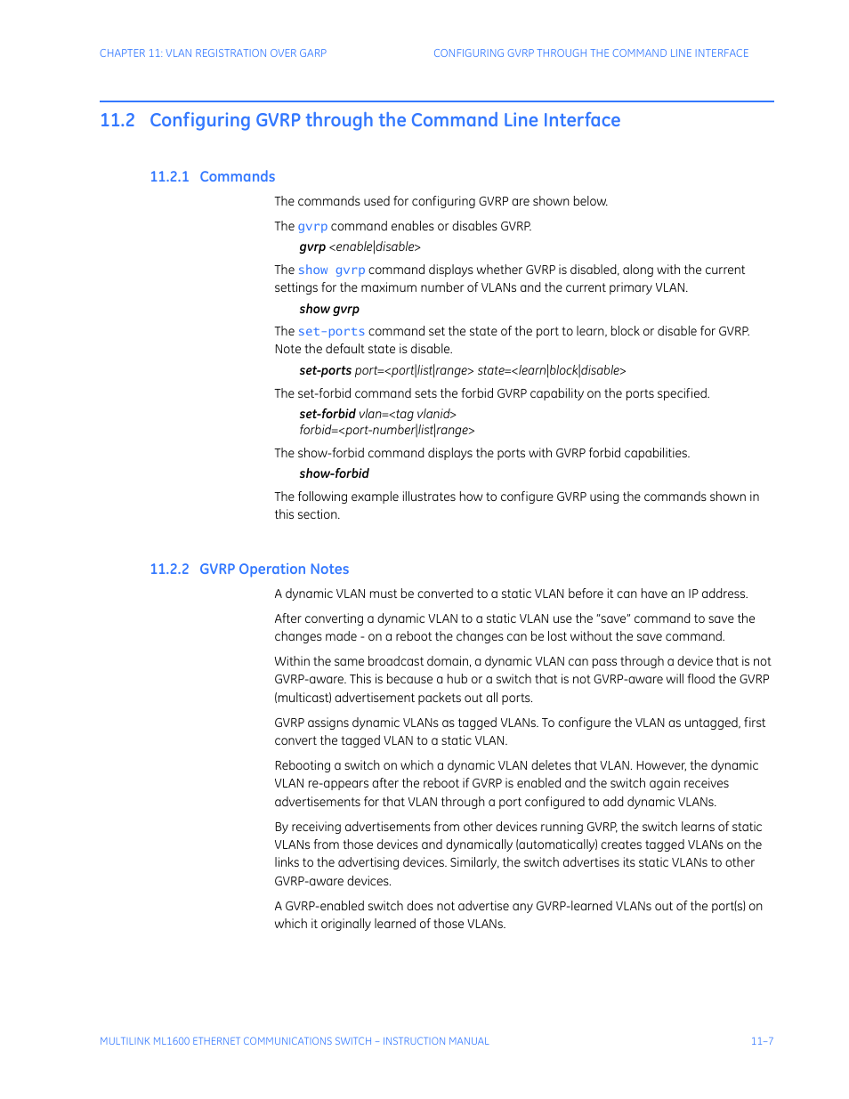 1 commands, 2 gvrp operation notes, Ommands | Gvrp o, Peration, Otes | GE ML1600 User Manual | Page 183 / 324