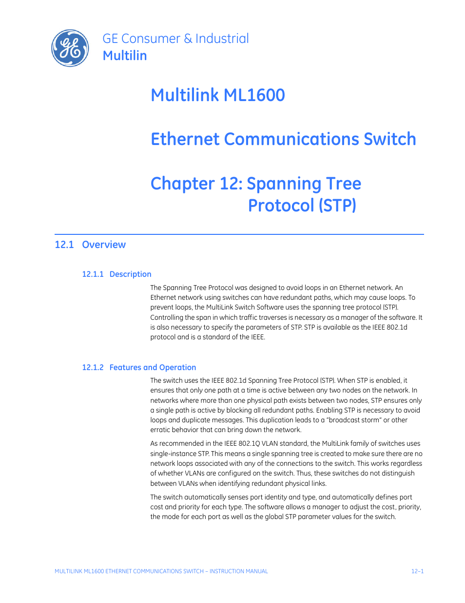 Spanning tree protocol (stp), 1 overview, 1 description | 2 features and operation, Overview -1, Escription, Eatures, Peration, Ge consumer & industrial multilin | GE ML1600 User Manual | Page 187 / 324