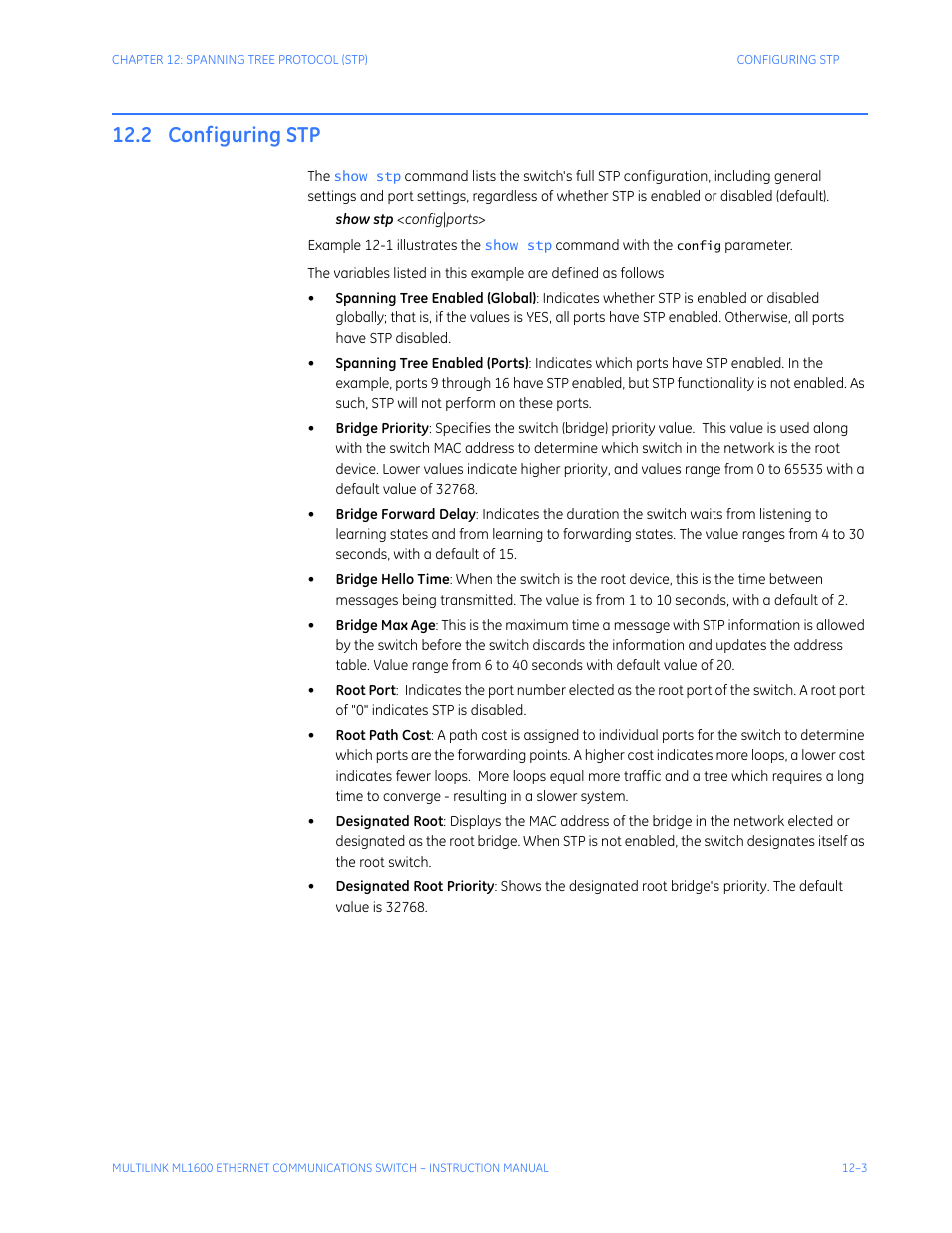 2 configuring stp, Configuring stp -3 | GE ML1600 User Manual | Page 189 / 324