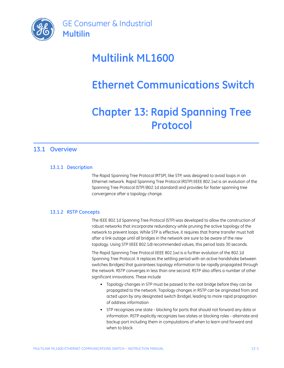 Rapid spanning tree protocol, 1 overview, 1 description | 2 rstp concepts, Overview -1, Escription, Rstp c, Oncepts, Ge consumer & industrial multilin | GE ML1600 User Manual | Page 199 / 324