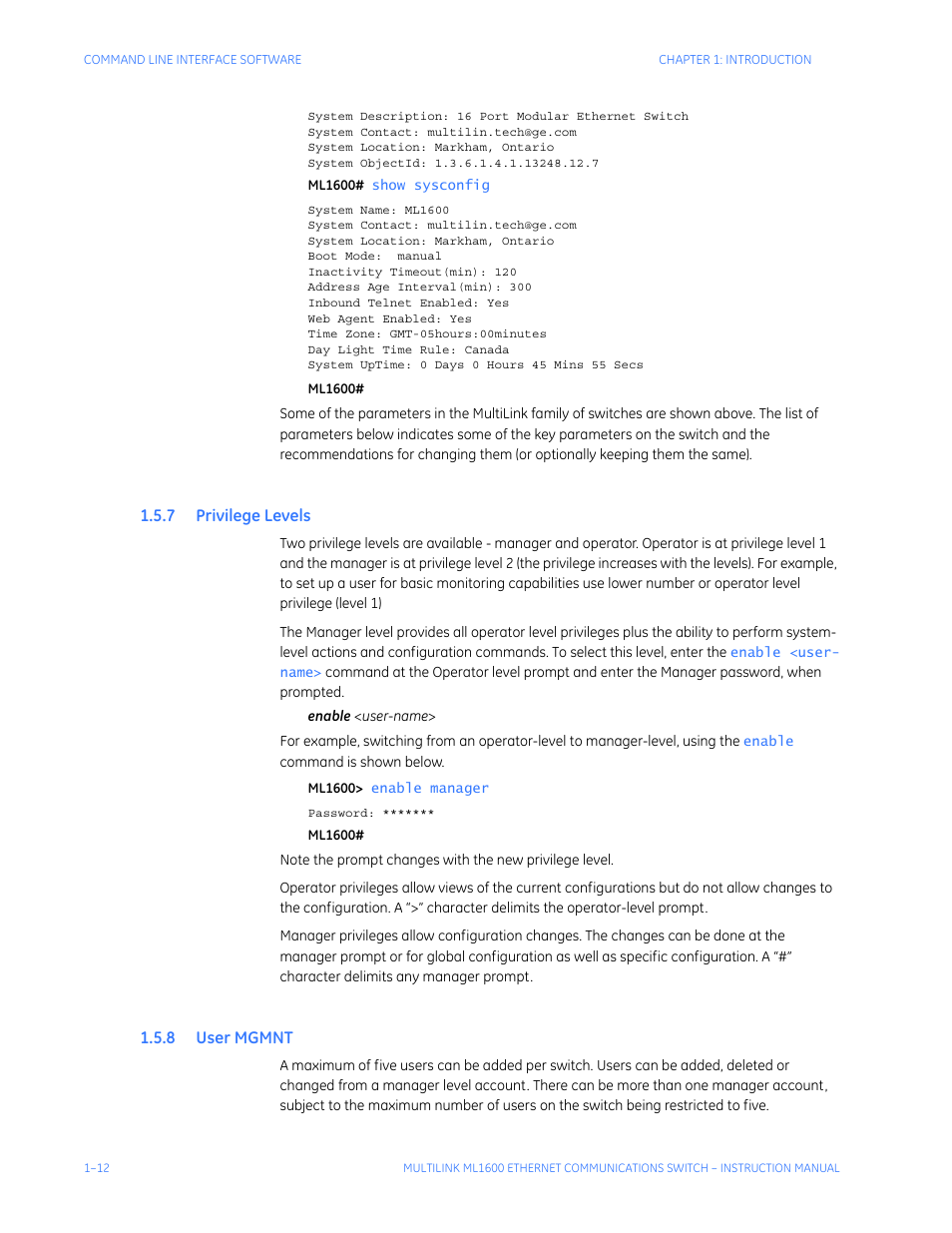 7 privilege levels, 8 user mgmnt, Rivilege | Evels, Mgmnt -12 | GE ML1600 User Manual | Page 20 / 324
