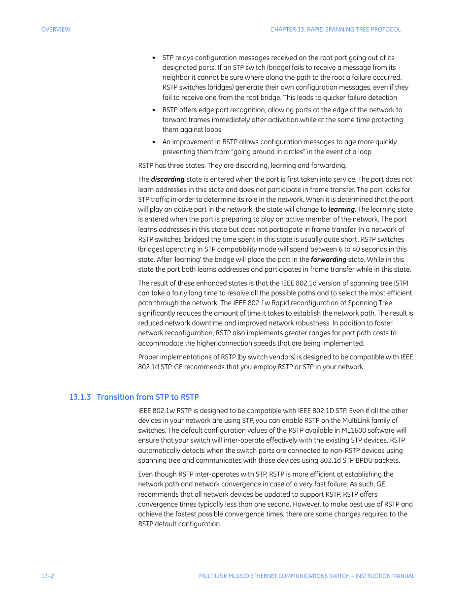 3 transition from stp to rstp, Ransition, From | Rstp -2 | GE ML1600 User Manual | Page 200 / 324