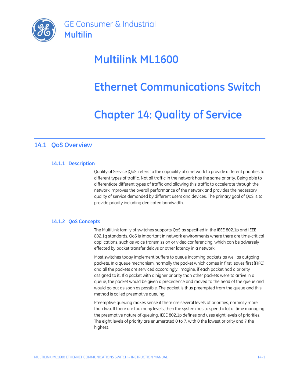 Quality of service, 1 qos overview, 1 description | 2 qos concepts, Qos overview -1, Escription, Oncepts, Ge consumer & industrial multilin | GE ML1600 User Manual | Page 223 / 324
