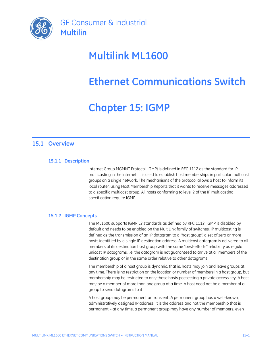 Igmp, 1 overview, 1 description | 2 igmp concepts, Overview -1, Escription, Igmp c, Oncepts, Ge consumer & industrial multilin | GE ML1600 User Manual | Page 235 / 324