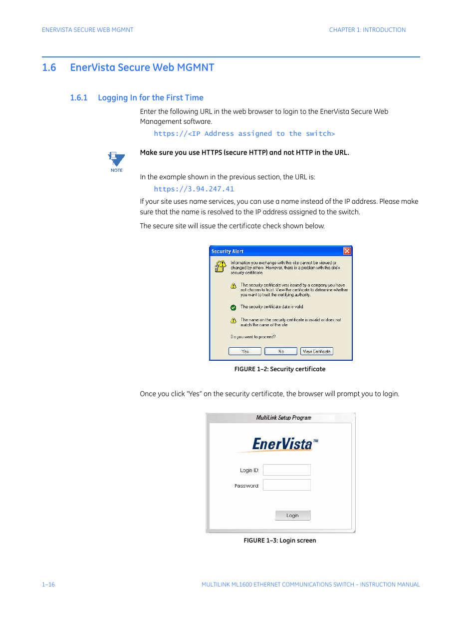 6 enervista secure web mgmnt, 1 logging in for the first time, Enervista secure web mgmnt -16 | Ogging, Irst | GE ML1600 User Manual | Page 24 / 324