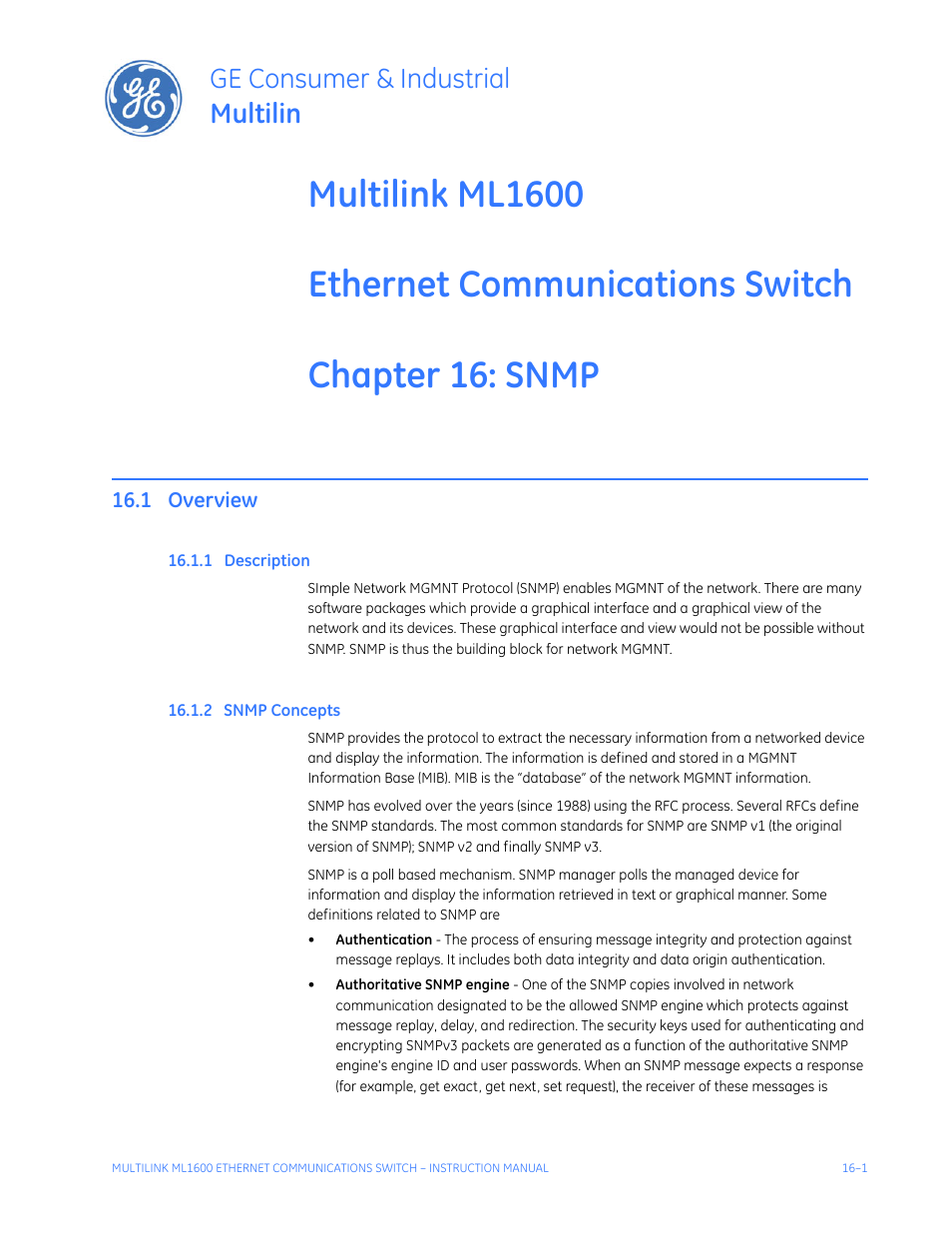 Snmp, 1 overview, 1 description | 2 snmp concepts, Overview -1, Escription, Snmp c, Oncepts, Ge consumer & industrial multilin | GE ML1600 User Manual | Page 247 / 324
