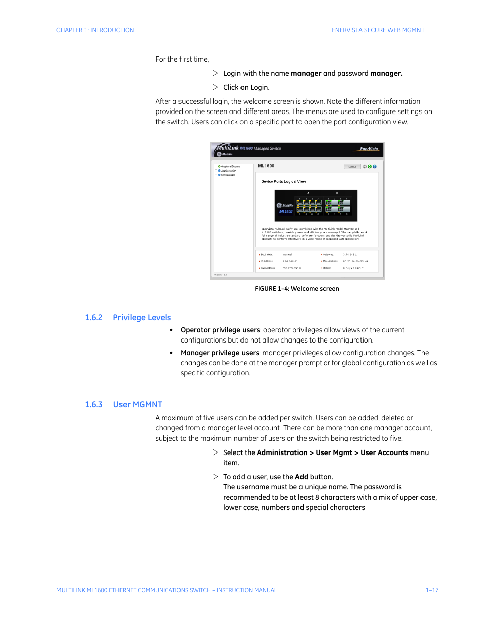 2 privilege levels, 3 user mgmnt, Rivilege | Evels, Mgmnt -17 | GE ML1600 User Manual | Page 25 / 324
