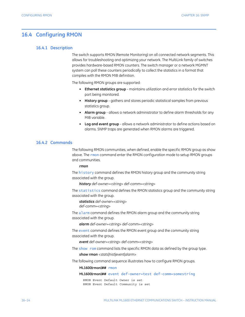4 configuring rmon, 1 description, 2 commands | Configuring rmon -14, Escription, Ommands | GE ML1600 User Manual | Page 260 / 324