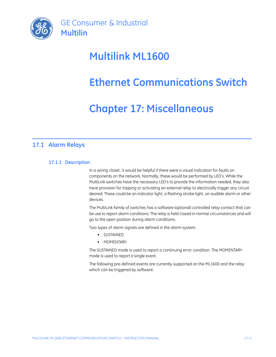 Miscellaneous commands, 1 alarm relays, 1 description | Alarm relays -1, Escription, Ge consumer & industrial multilin | GE ML1600 User Manual | Page 263 / 324