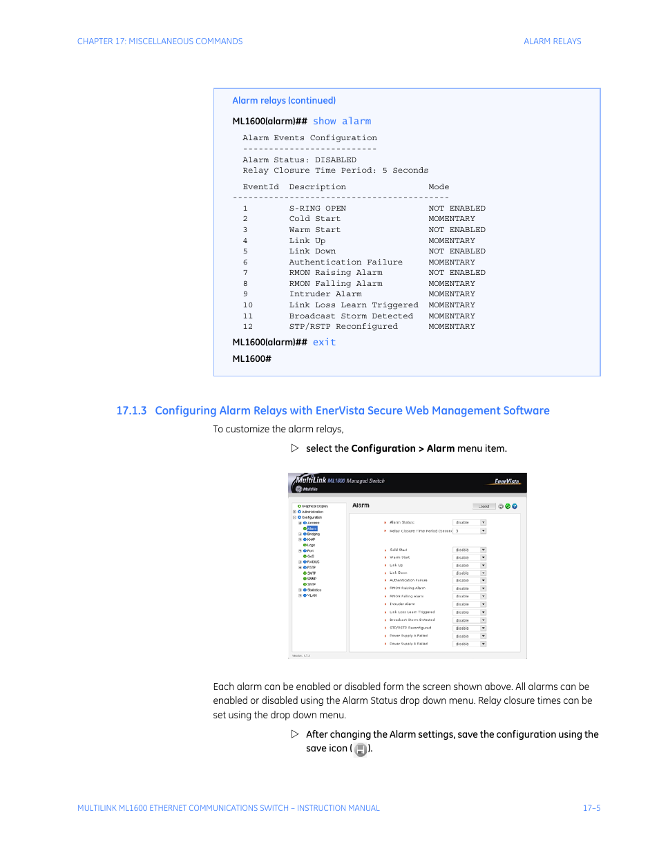 Onfiguring, Larm, Elays | With, Ista, Ecure, Anagement, Oftware | GE ML1600 User Manual | Page 267 / 324