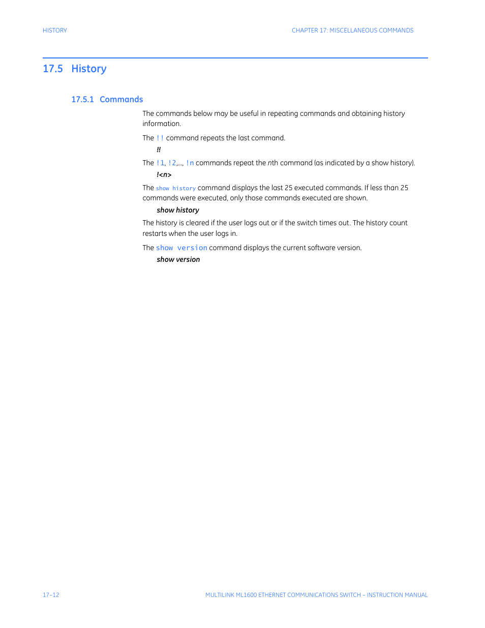 5 history, 1 commands, History -12 | Ommands | GE ML1600 User Manual | Page 274 / 324