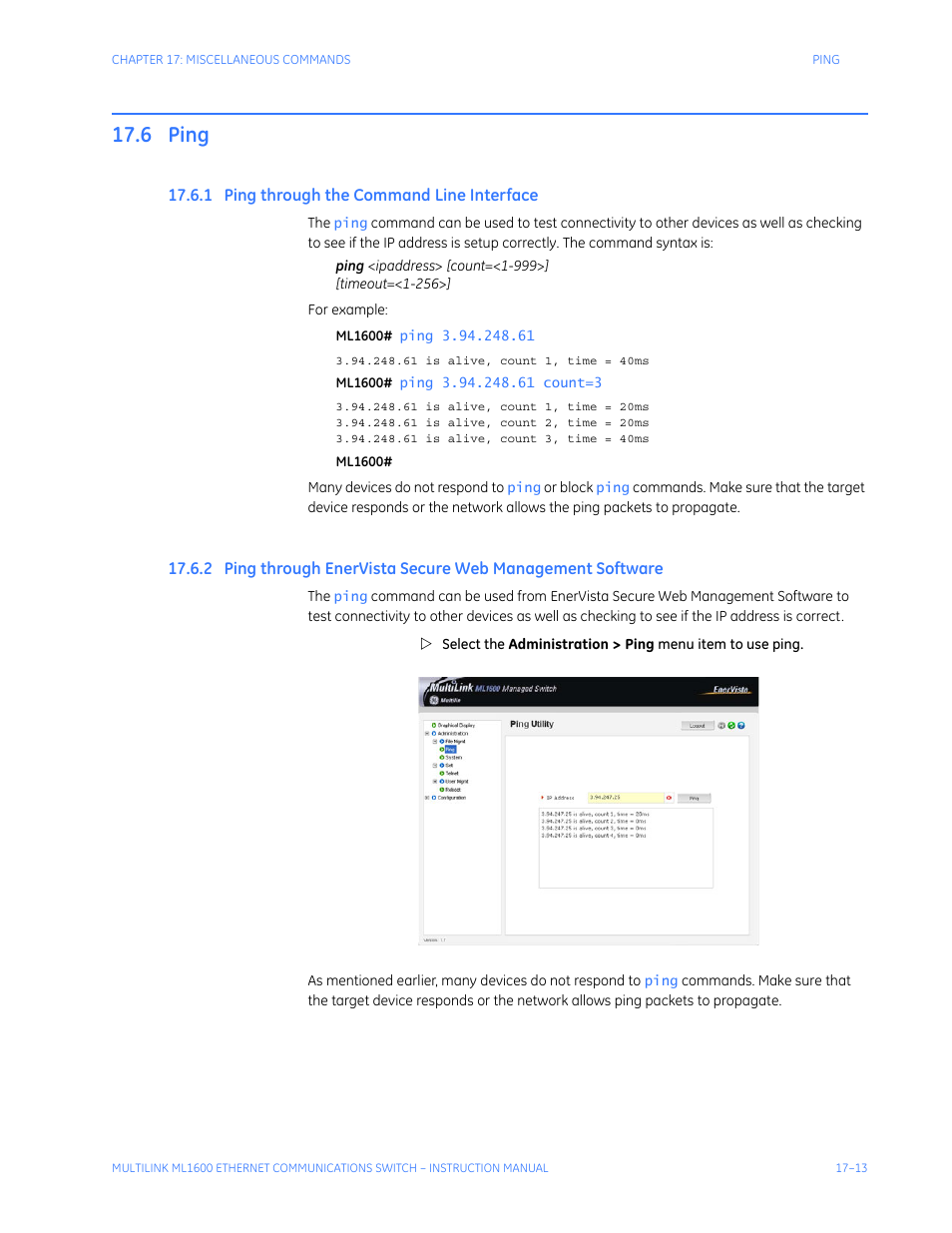6 ping, 1 ping through the command line interface, Ping -13 | Through, Ommand, Nterface, Ista, Ecure, Anagement, Oftware | GE ML1600 User Manual | Page 275 / 324