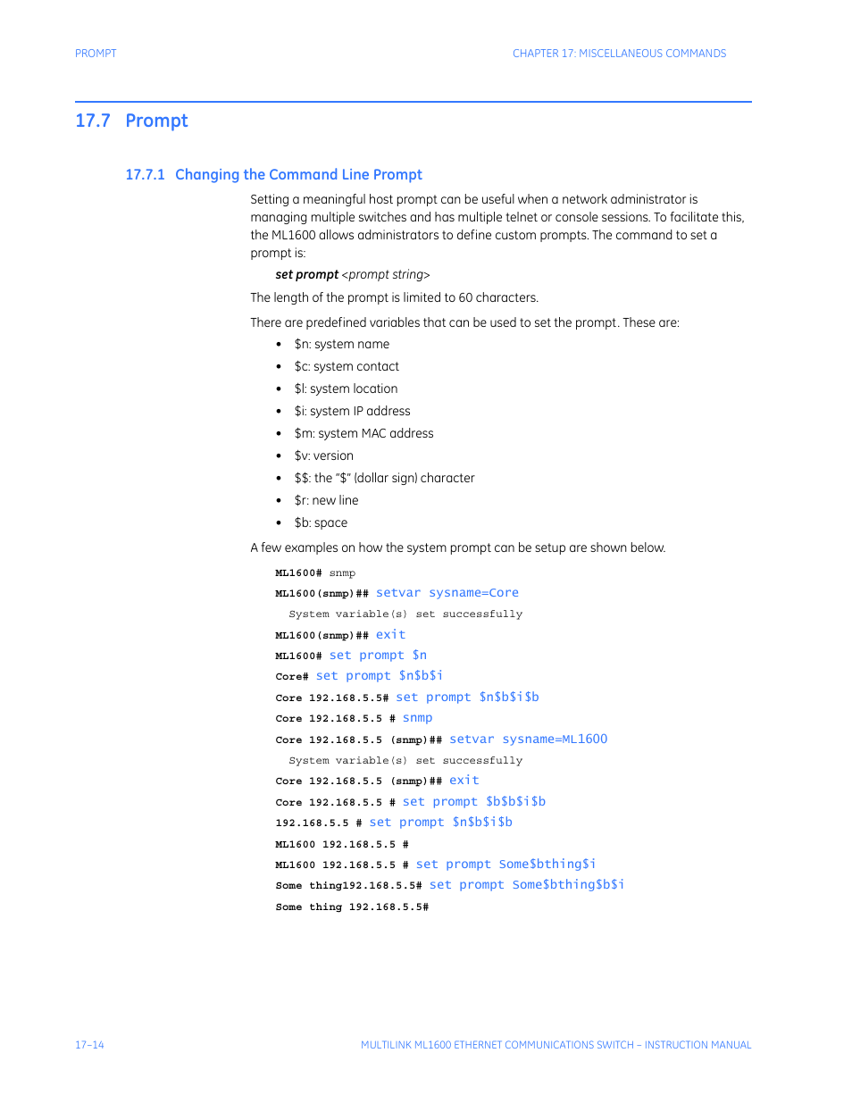 7 prompt, 1 changing the command line prompt, Prompt -14 | Hanging, Ommand, Rompt | GE ML1600 User Manual | Page 276 / 324