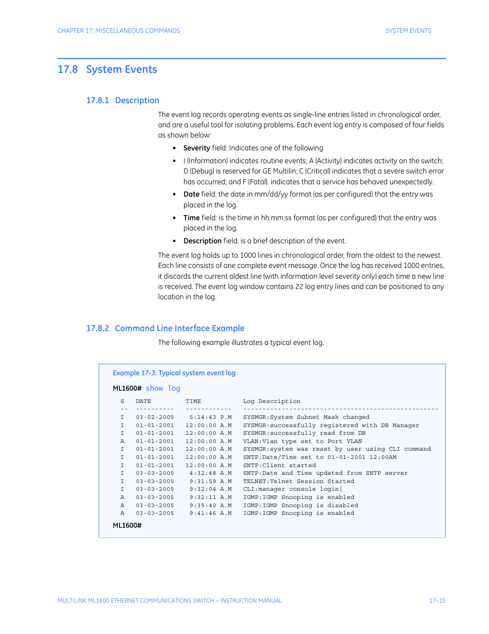 8 system events, 1 description, 2 command line interface example | System events -15, Escription, Ommand, Nterface, Xample | GE ML1600 User Manual | Page 277 / 324