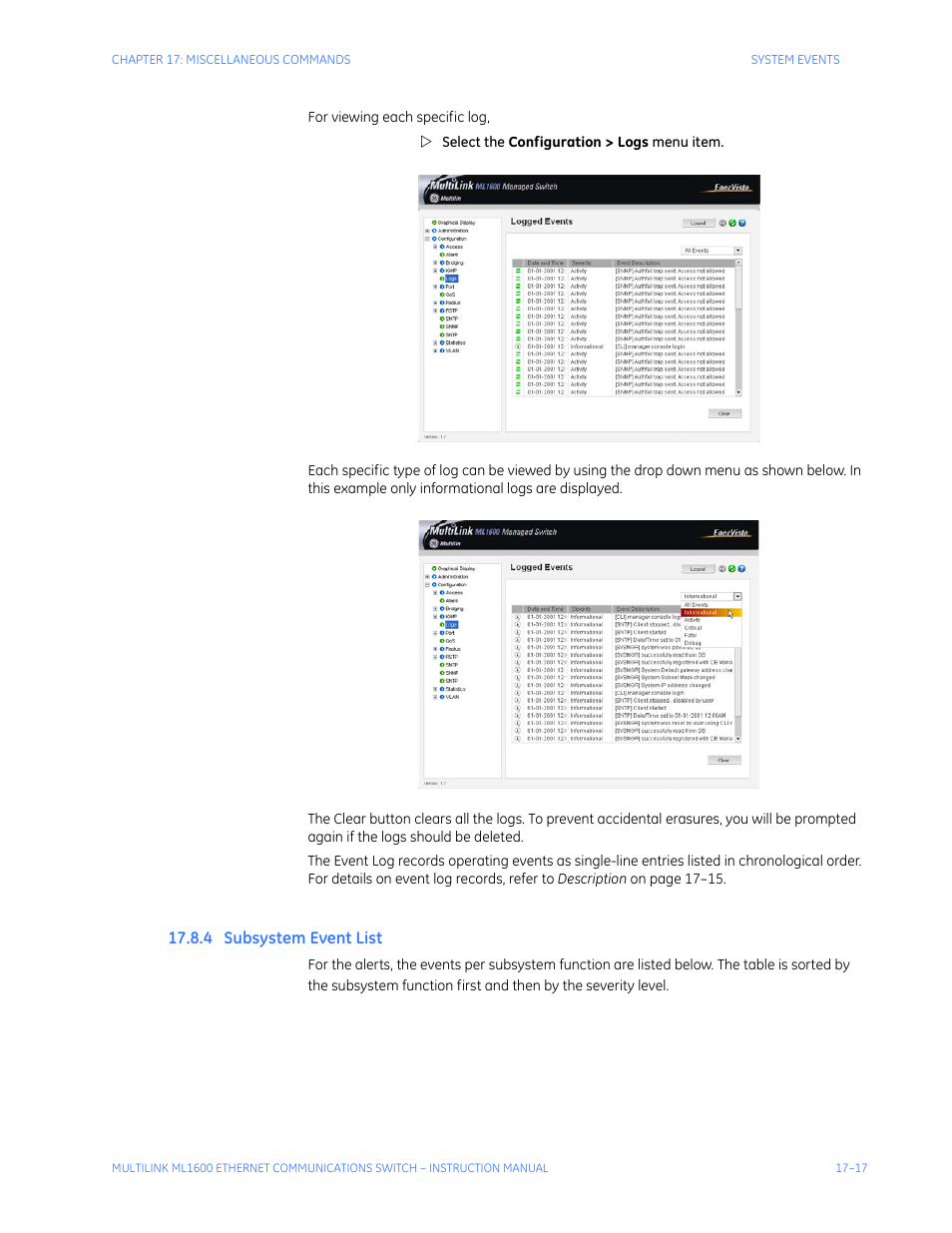 4 subsystem event list, Ubsystem, Vent | GE ML1600 User Manual | Page 279 / 324