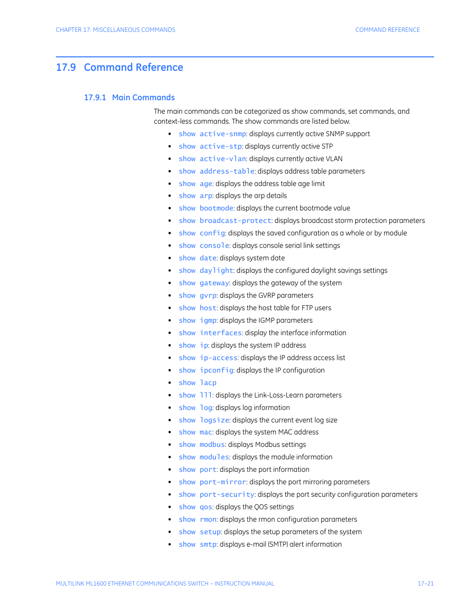 9 command reference, 1 main commands, Command reference -21 | Ommands | GE ML1600 User Manual | Page 283 / 324