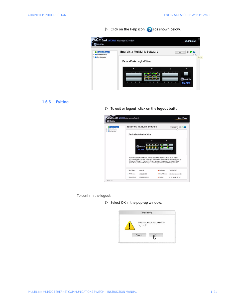 6 exiting, Xiting | GE ML1600 User Manual | Page 29 / 324