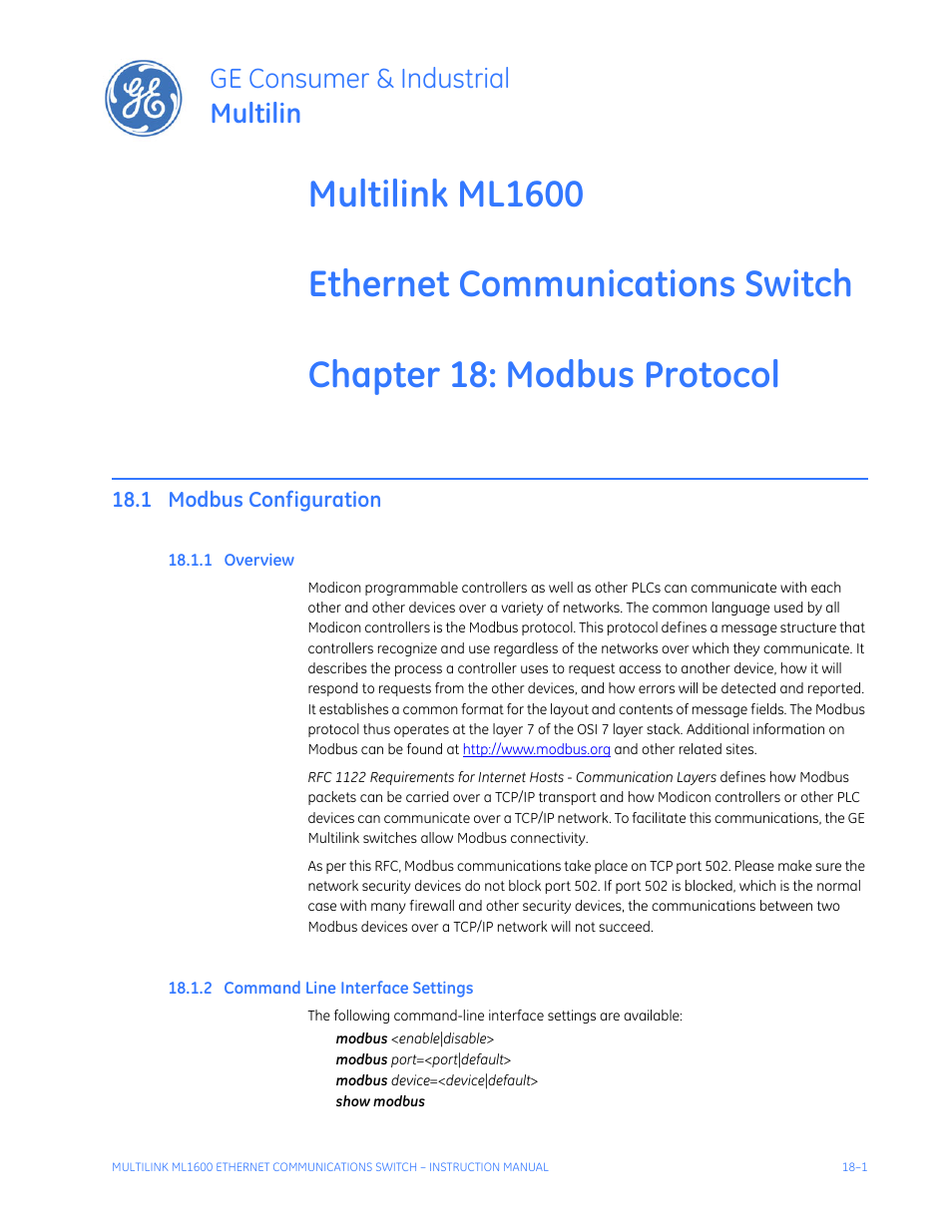Modbus protocol, 1 modbus configuration, 1 overview | 2 command line interface settings, Modbus configuration -1, Verview, Ommand, Nterface, Ettings, Ge consumer & industrial multilin | GE ML1600 User Manual | Page 291 / 324