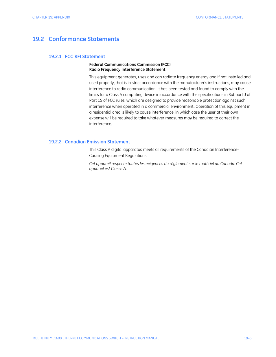 2 conformance statements, 1 fcc rfi statement, 2 canadian emission statement | Conformance statements -5, Fcc rfi s, Tatement, Anadian, Mission | GE ML1600 User Manual | Page 319 / 324