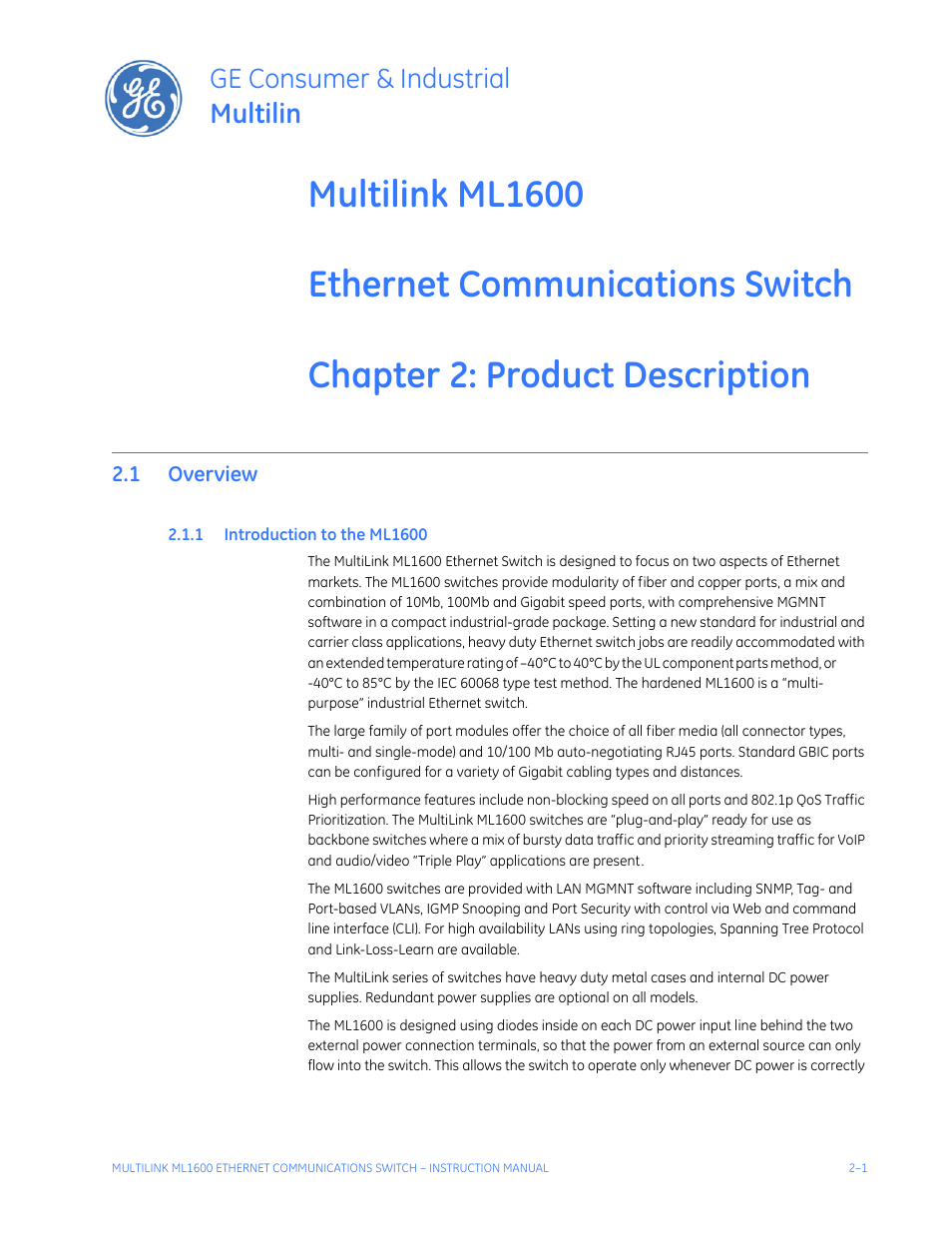 Product description, 1 overview, 1 introduction to the ml1600 | Overview -1, Ntroduction, Ml1600 -1, Ge consumer & industrial multilin | GE ML1600 User Manual | Page 35 / 324