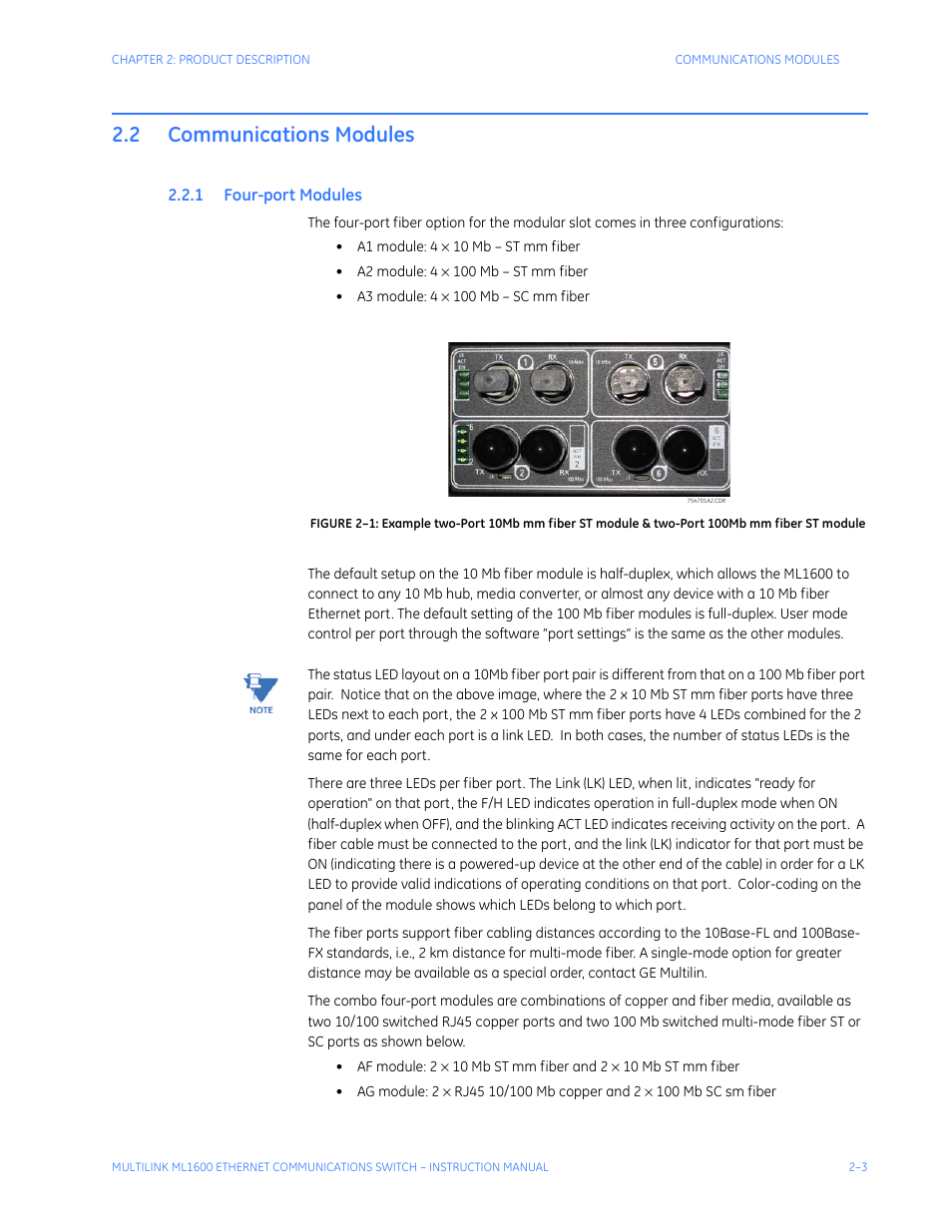 2 communications modules, 1 four-port modules, Communications modules -3 | Port, Odules | GE ML1600 User Manual | Page 37 / 324
