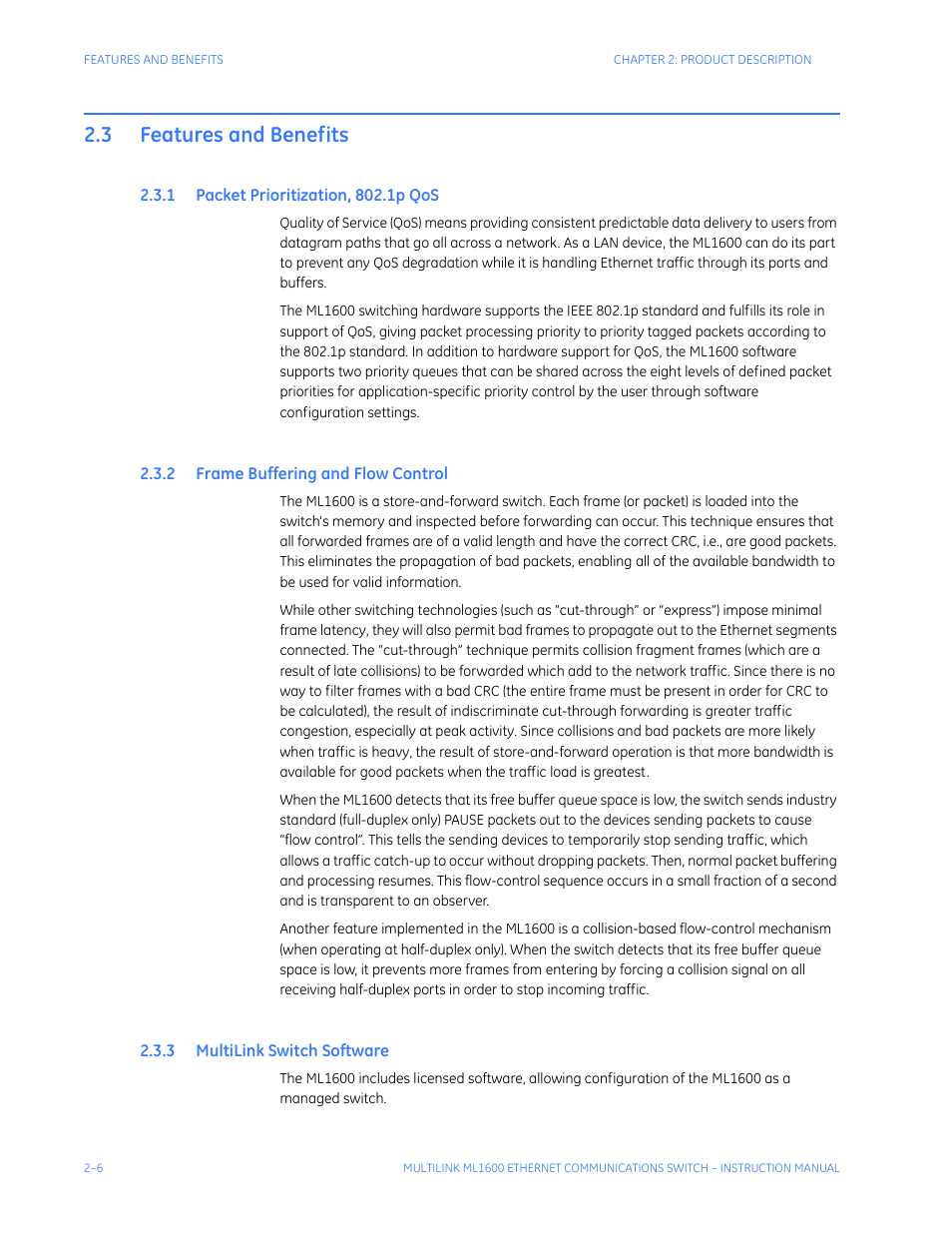 3 features and benefits, 1 packet prioritization, 802.1p qos, 2 frame buffering and flow control | 3 multilink switch software, Features and benefits -6, Acket, Rioritization, S -6, Rame, Uffering | GE ML1600 User Manual | Page 40 / 324