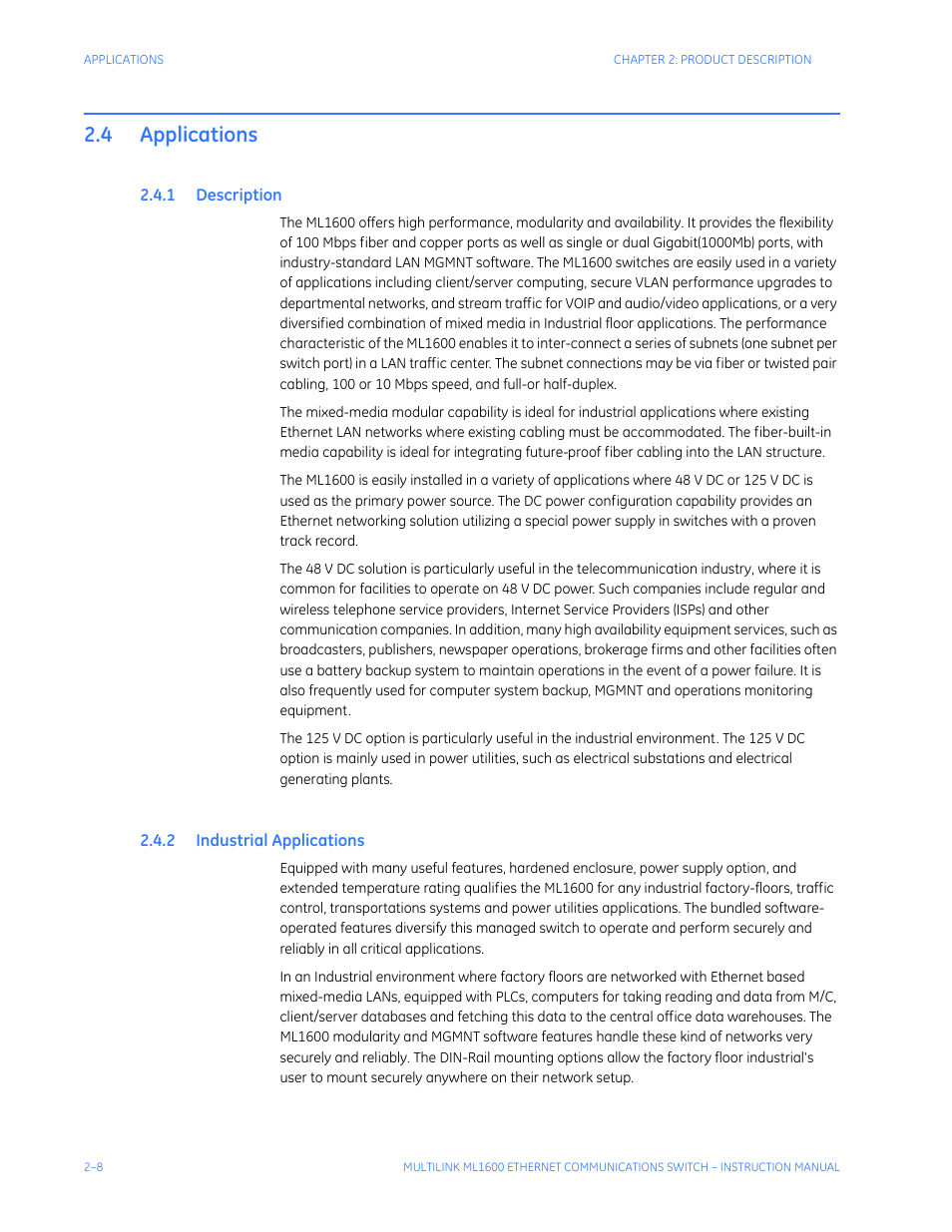 4 applications, 1 description, 2 industrial applications | Applications -8, Escription, Ndustrial, Pplications | GE ML1600 User Manual | Page 42 / 324