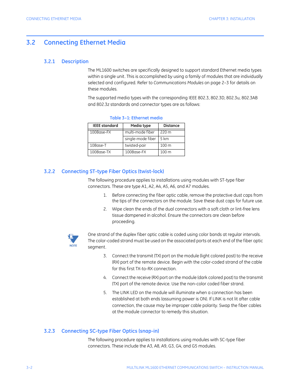 2 connecting ethernet media, 1 description, 2 connecting st-type fiber optics (twist-lock) | 3 connecting sc-type fiber optics (snap-in), Connecting ethernet media -2, Escription, Onnecting, Type, Iber, Ptics | GE ML1600 User Manual | Page 48 / 324
