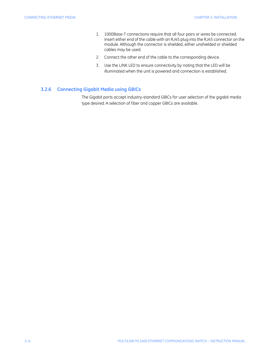 6 connecting gigabit media using gbics, Onnecting, Igabit | Edia, Using, Gbic | GE ML1600 User Manual | Page 50 / 324