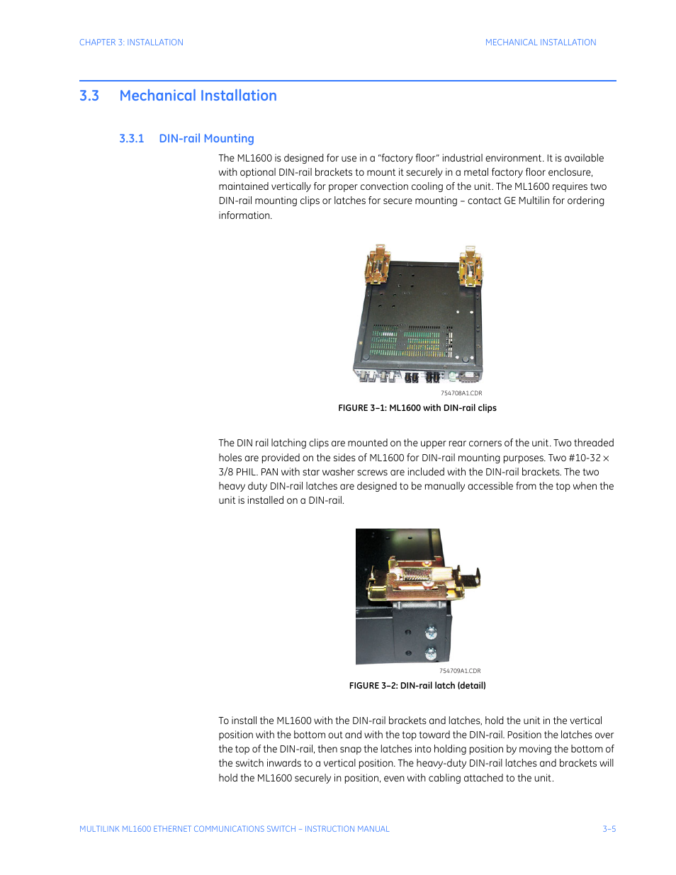 3 mechanical installation, 1 din-rail mounting, Mechanical installation -5 | Rail, Ounting | GE ML1600 User Manual | Page 51 / 324