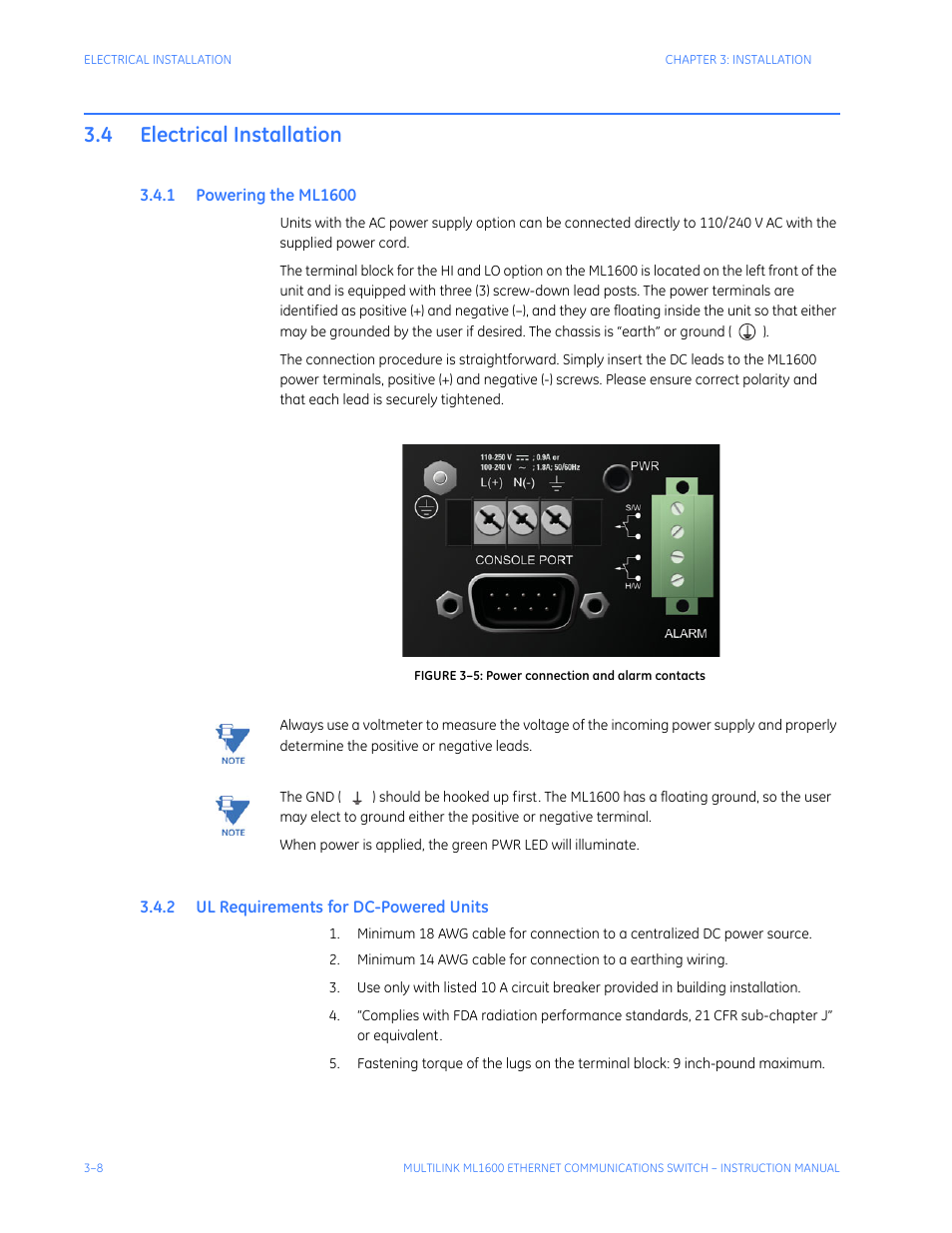 4 electrical installation, 1 powering the ml1600, 2 ul requirements for dc-powered units | Electrical installation -8, Owering, Ml1600 -8, Ul r, Equirements, Dc-p, Owered | GE ML1600 User Manual | Page 54 / 324