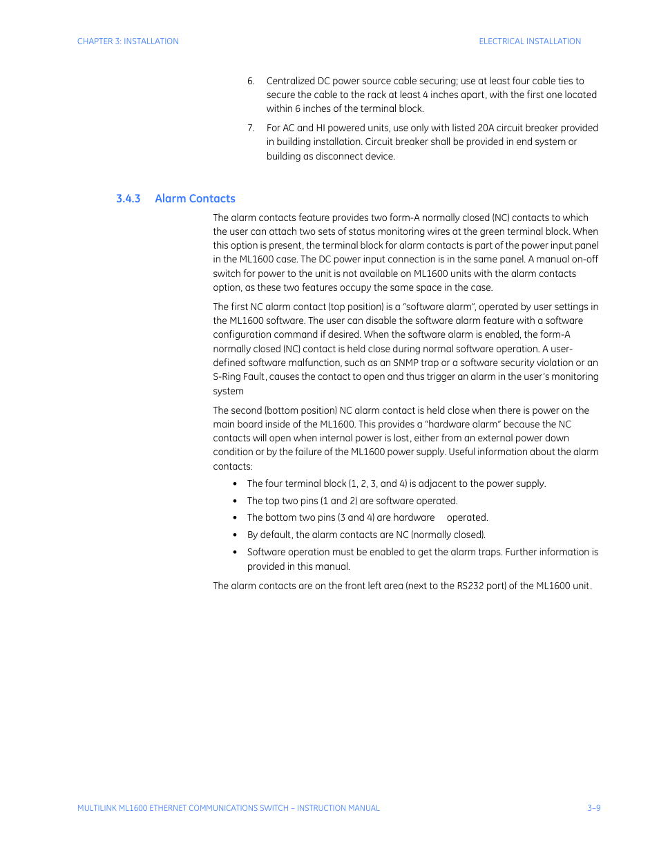 3 alarm contacts, Larm, Ontacts | GE ML1600 User Manual | Page 55 / 324