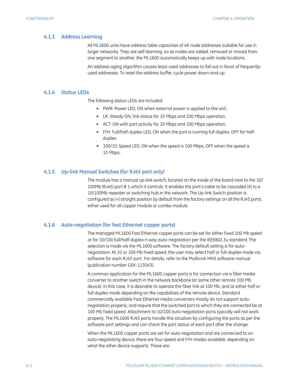 3 address learning, 4 status leds, 5 up-link manual switches (for rj45 port only) | Ddress, Earning, Tatus, Link, Anual, Witches, Rj45 | GE ML1600 User Manual | Page 58 / 324