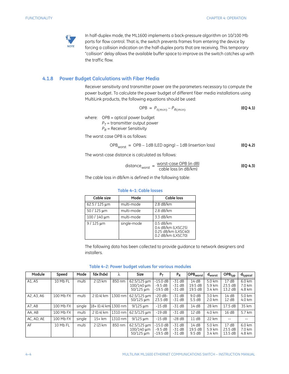 8 power budget calculations with fiber media, Ower, Udget | Alculations, With, Iber, Edia | GE ML1600 User Manual | Page 60 / 324