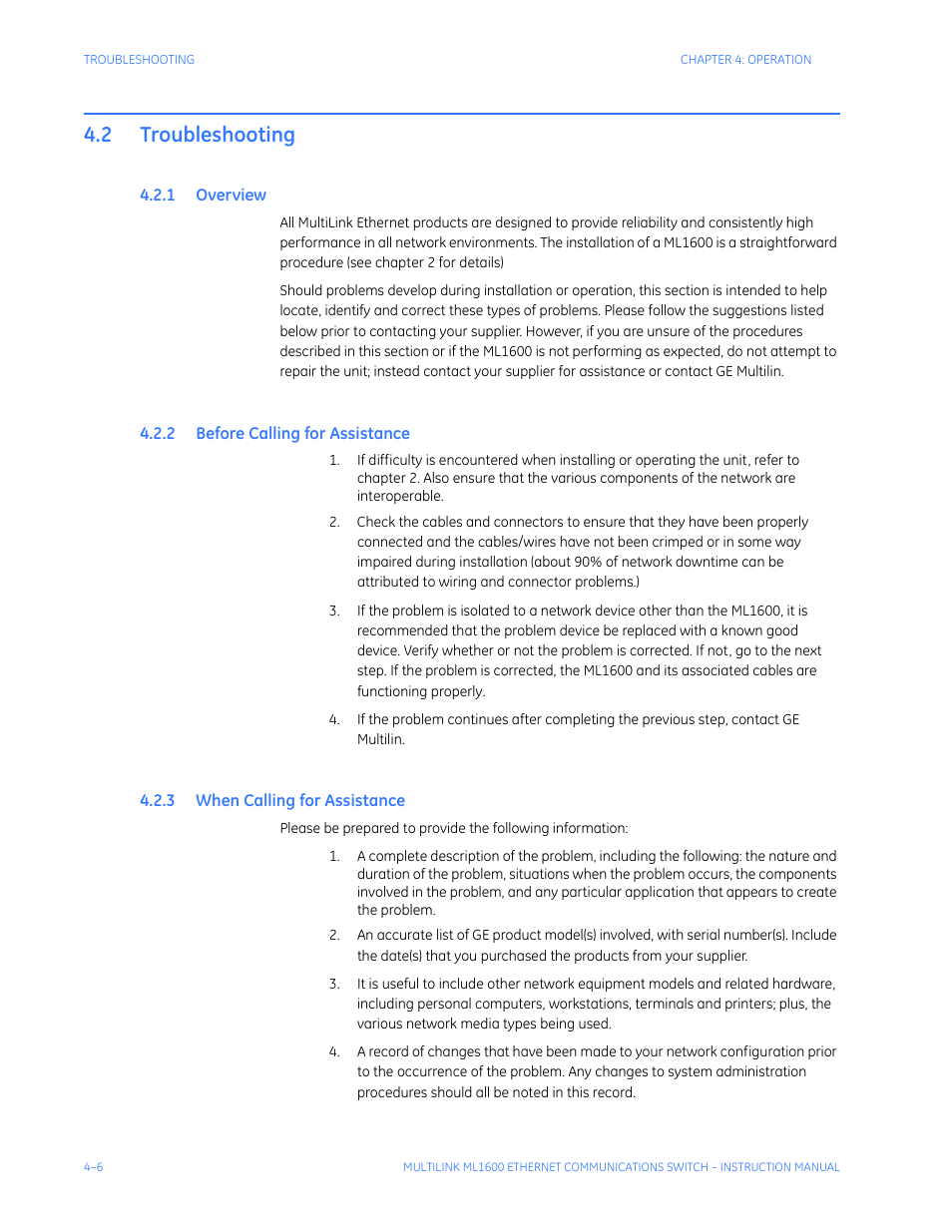 2 troubleshooting, 1 overview, 2 before calling for assistance | 3 when calling for assistance, Troubleshooting -6, Verview, Efore, Alling, Ssistance | GE ML1600 User Manual | Page 62 / 324