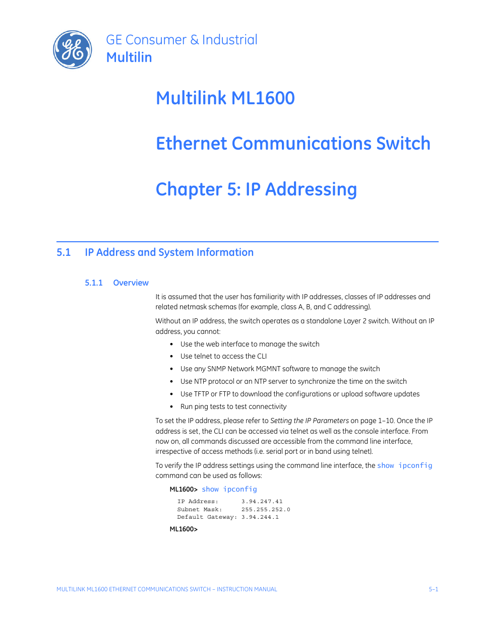 Ip addressing, 1 ip address and system information, 1 overview | Ip address and system information -1, Verview, Ge consumer & industrial multilin | GE ML1600 User Manual | Page 63 / 324