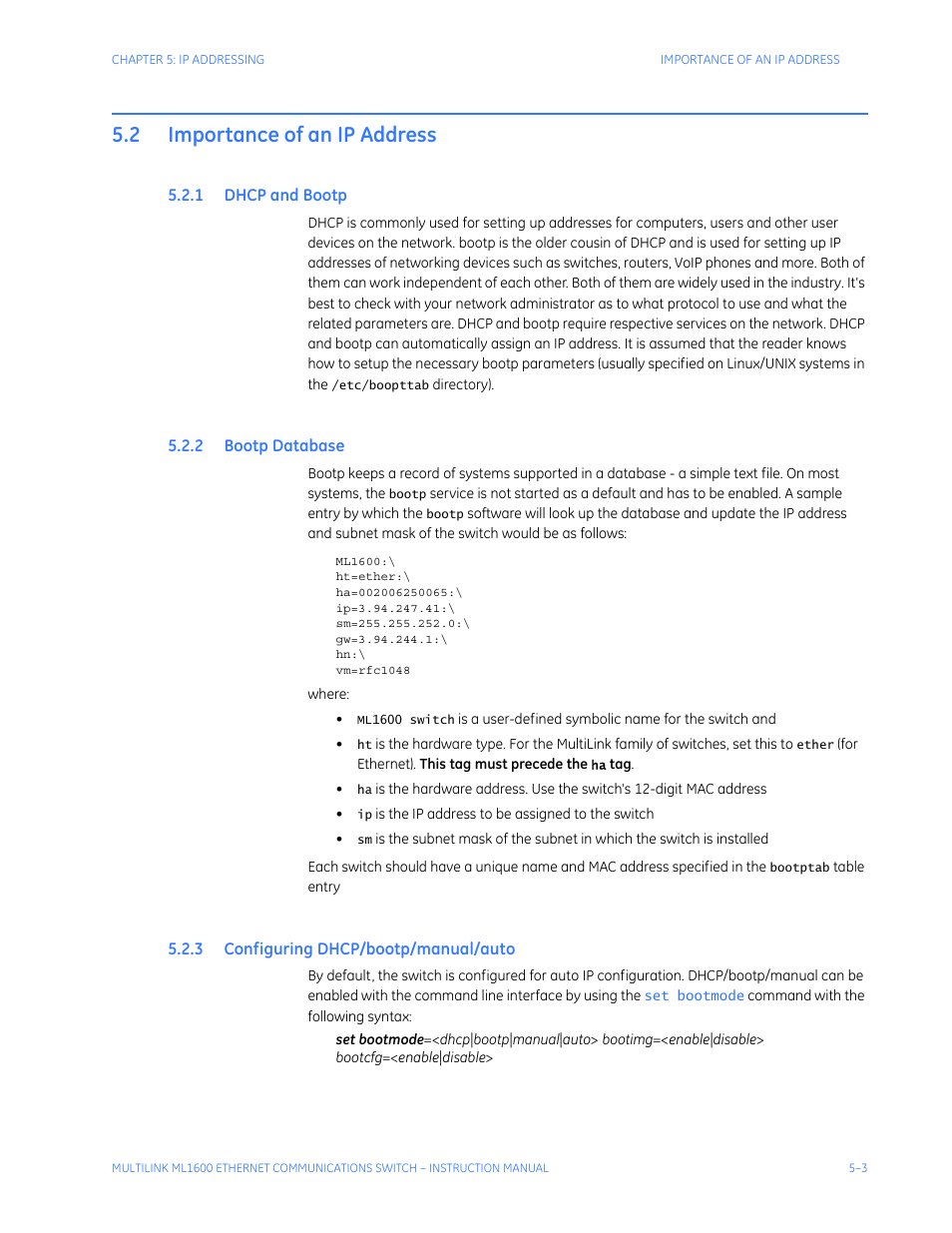 2 importance of an ip address, 1 dhcp and bootp, 2 bootp database | 3 configuring dhcp/bootp/manual/auto, Importance of an ip address -3, Dhcp, Ootp, Atabase, Onfiguring, Bootp | GE ML1600 User Manual | Page 65 / 324