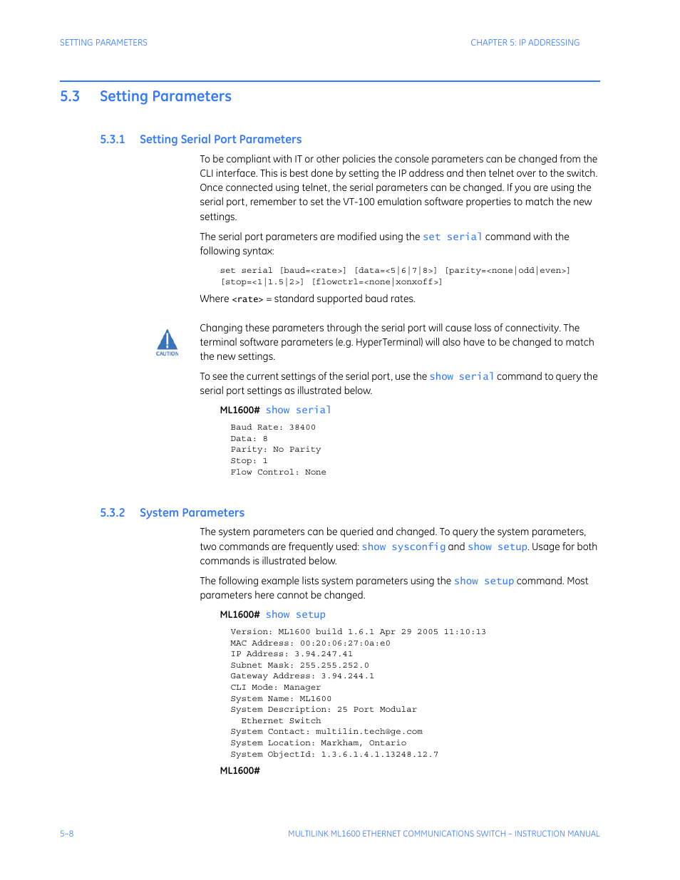 3 setting parameters, 1 setting serial port parameters, 2 system parameters | Setting parameters -8, Etting, Erial, Arameters, Ystem | GE ML1600 User Manual | Page 70 / 324