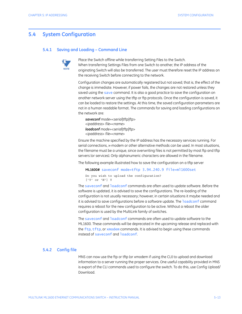 4 system configuration, 1 saving and loading – command line, 2 config file | System configuration -13, Aving, Oading, Ommand, Onfig, File | GE ML1600 User Manual | Page 75 / 324