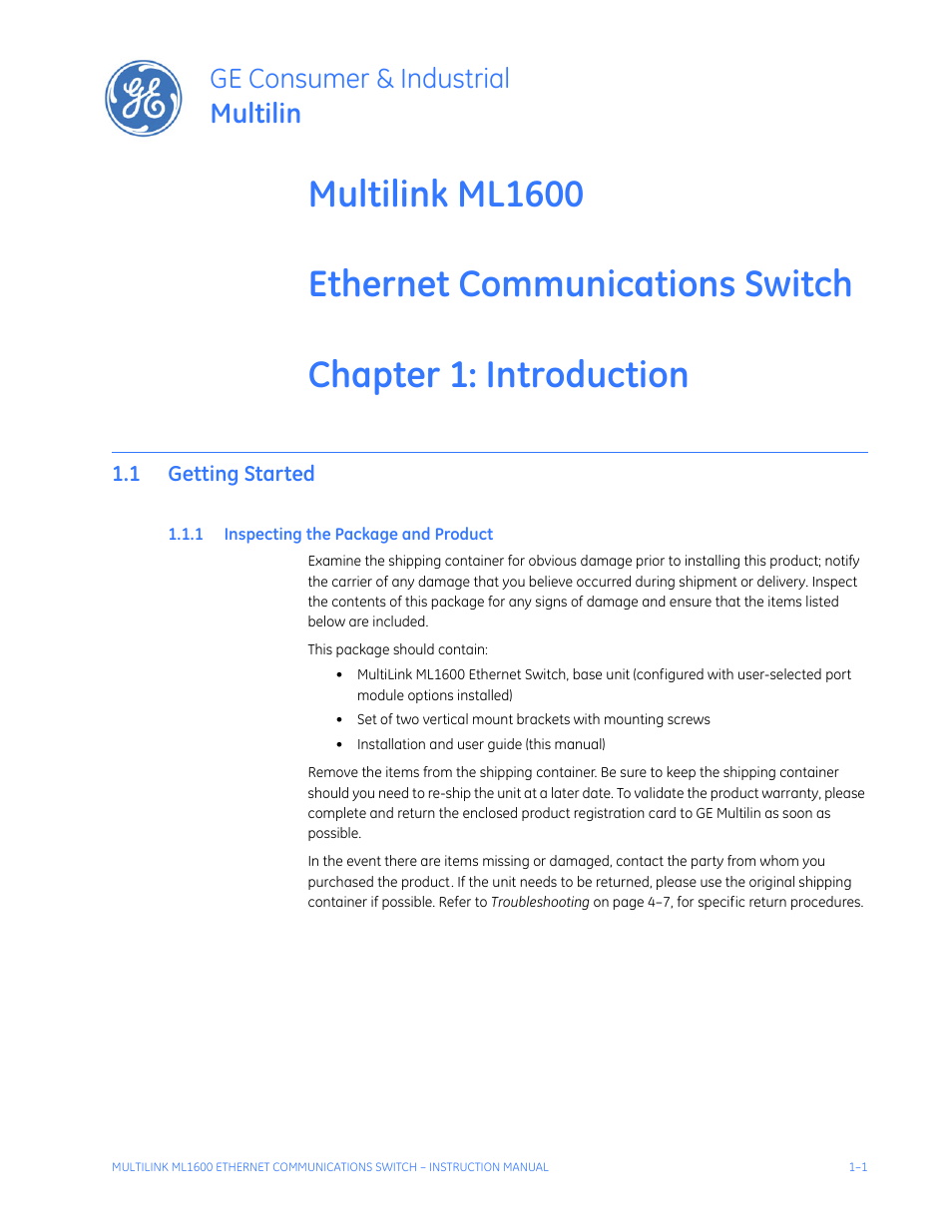 Introduction, 1 getting started, 1 inspecting the package and product | Getting started -1, Nspecting, Ackage, Roduct, Ge consumer & industrial multilin | GE ML1600 User Manual | Page 9 / 324