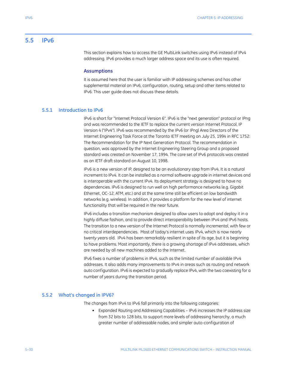 5 ipv6, 1 introduction to ipv6, 2 what’s changed in ipv6 | Ipv6 -30, Ntroduction, Changed, Ipv6? -30 | GE ML1600 User Manual | Page 92 / 324