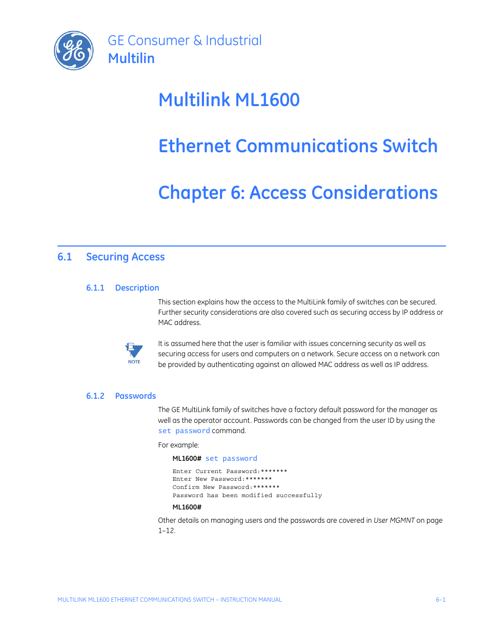 Access considerations, 1 securing access, 1 description | 2 passwords, Securing access -1, Escription, Asswords, Ge consumer & industrial multilin | GE ML1600 User Manual | Page 97 / 324