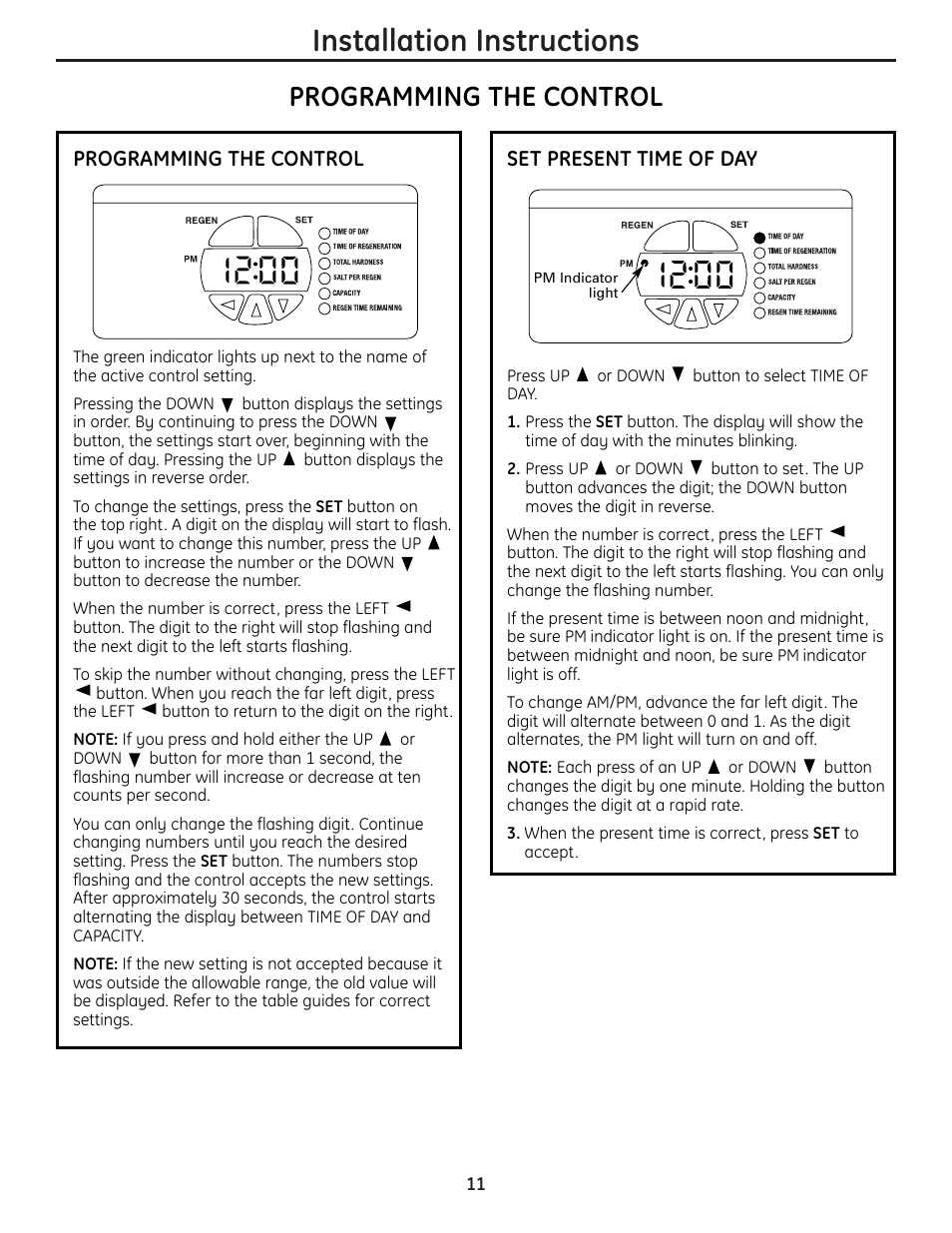 Installation instructions, Programming the control | GE GNPR40L User Manual | Page 11 / 36