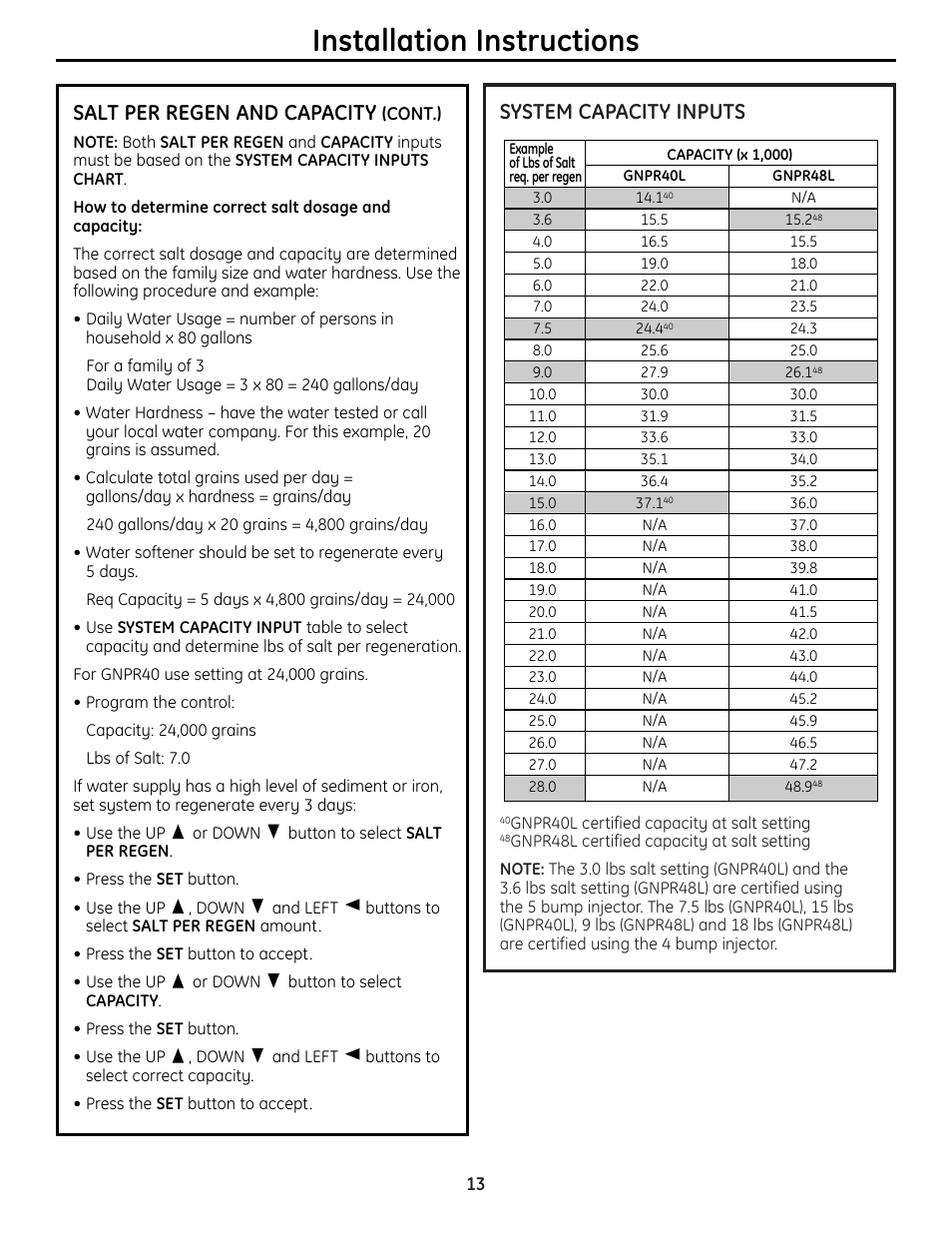 Installation instructions, System capacity inputs, Salt per regen and capacity | GE GNPR40L User Manual | Page 13 / 36