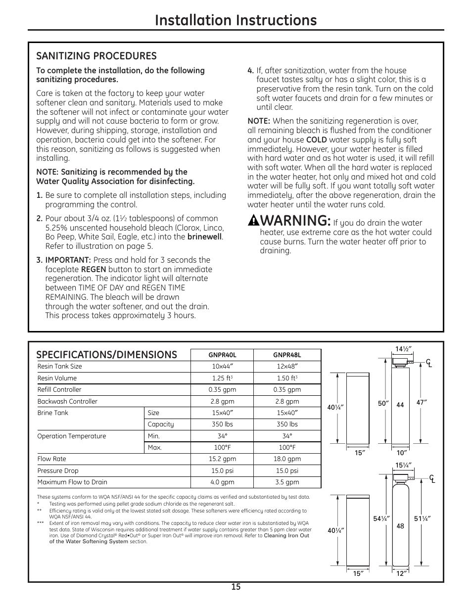 Installation instructions, Warning, Specifications/dimensions | Sanitizing procedures | GE GNPR40L User Manual | Page 15 / 36