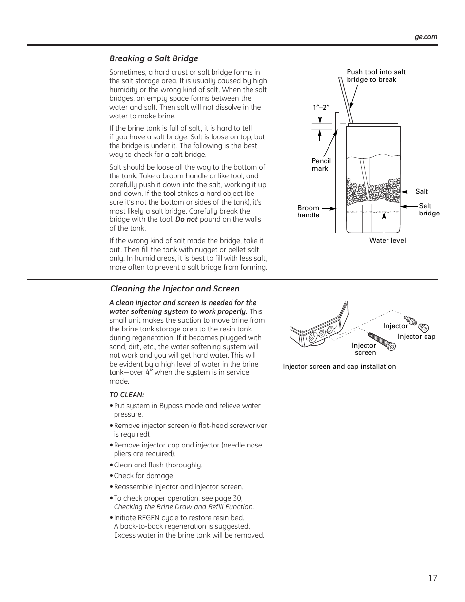 Breaking a salt bridge, Cleaning the injector and screen | GE GNPR40L User Manual | Page 17 / 36