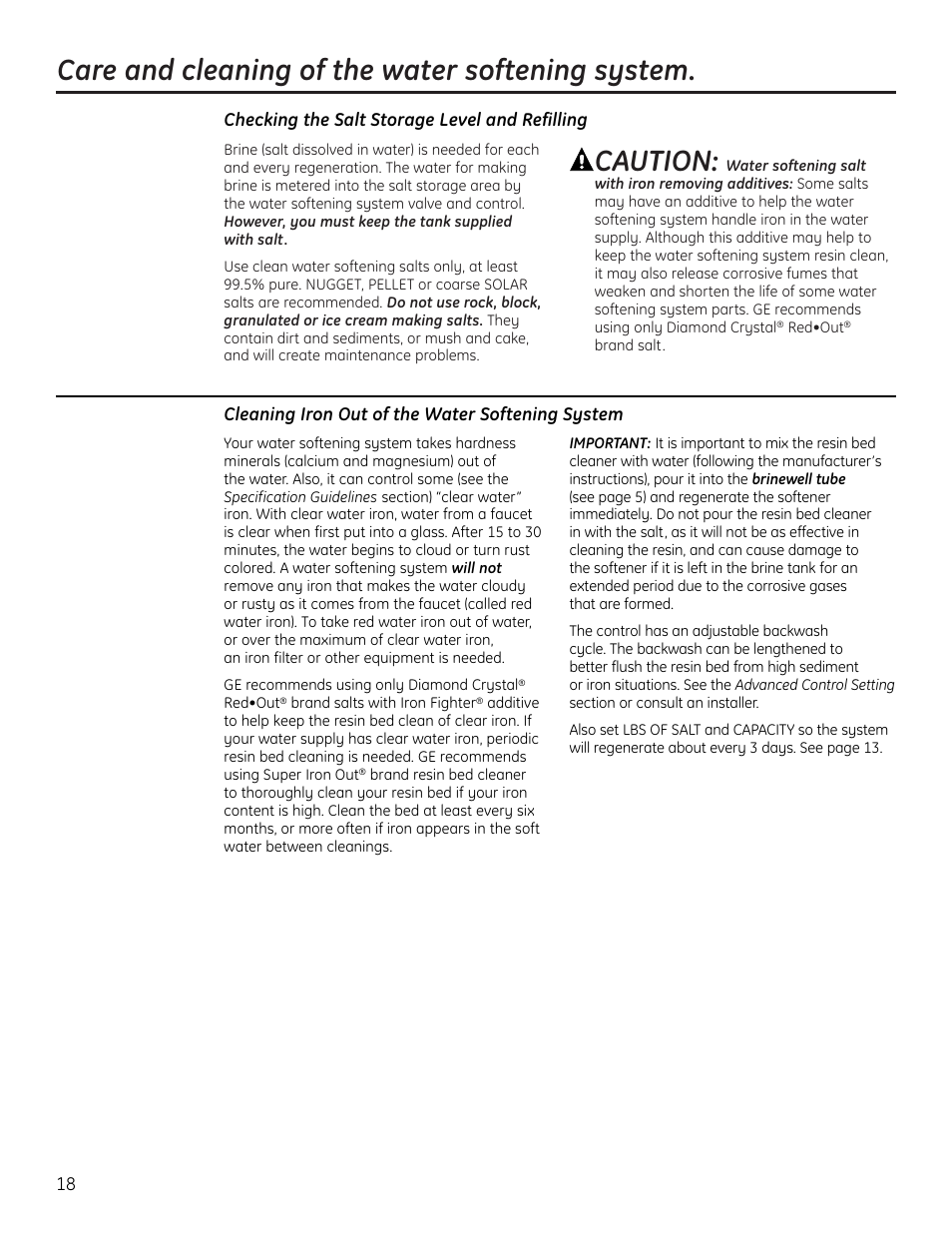 Care and cleaning, Care and cleaning of the water softening system, Caution | GE GNPR40L User Manual | Page 18 / 36