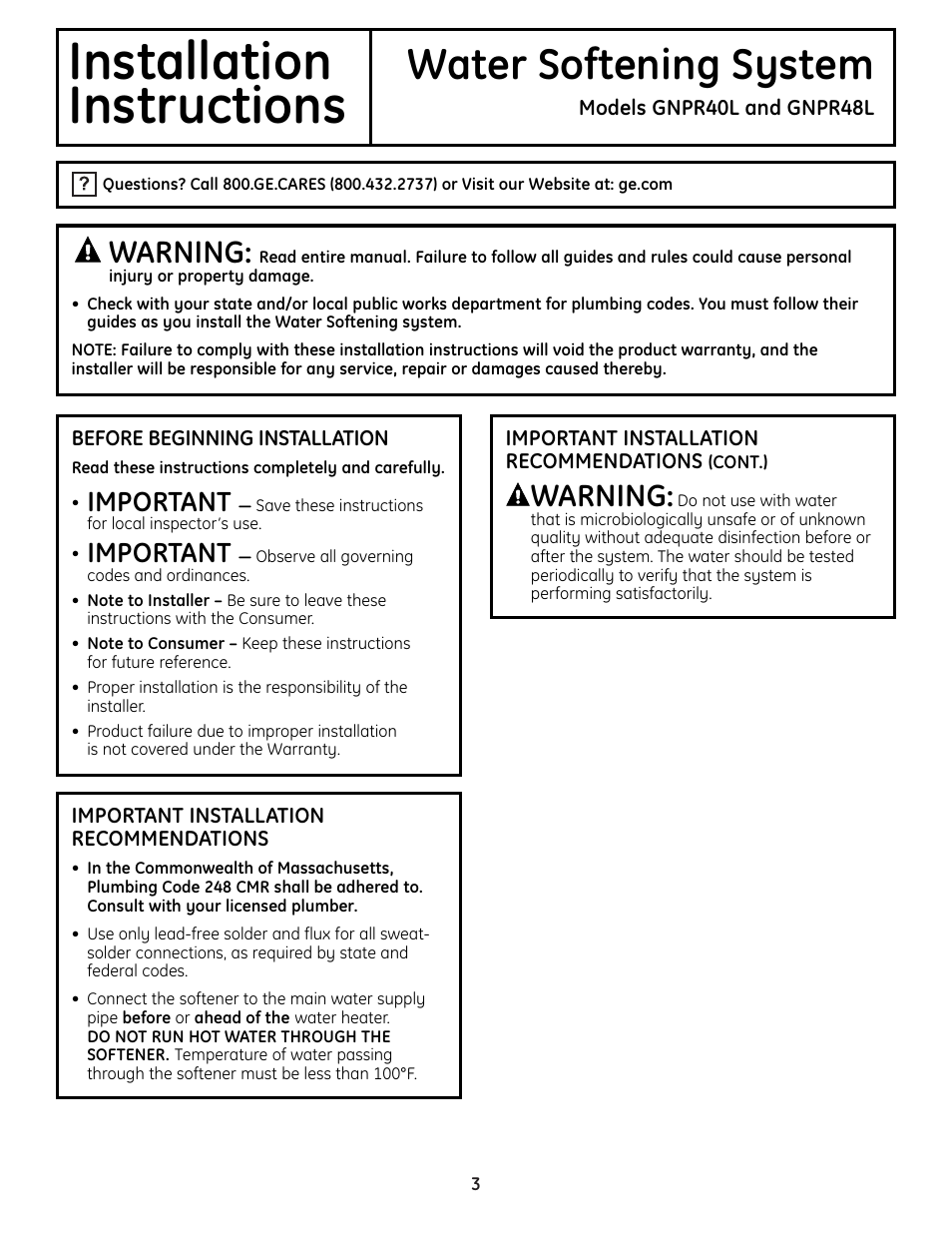 Installation instructions, Installation, Instructions | Water softening system, Warning, Important | GE GNPR40L User Manual | Page 3 / 36