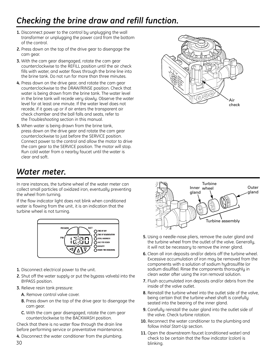 Checking the brine draw and refill function, Water meter | GE GNPR40L User Manual | Page 30 / 36